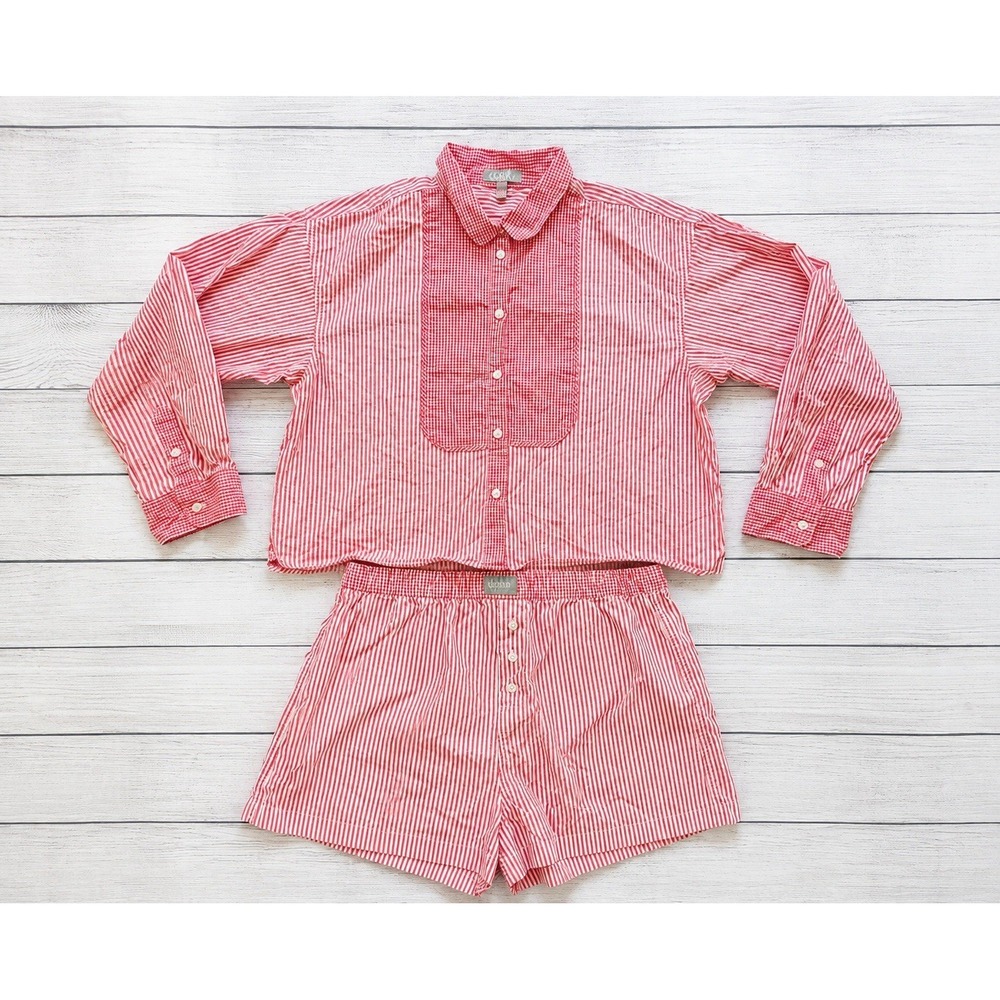 J. Crew Pajama Set Womens M Red White Striped Gingham Shirt Shorts 2 Piece Sleep